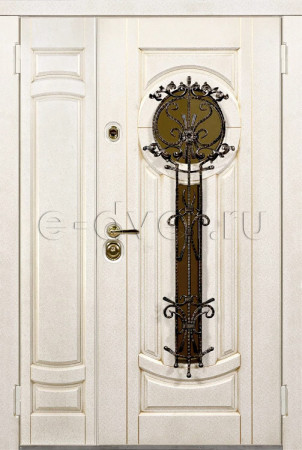 Полуторная белая МДФ дверь с ковкой и стеклом