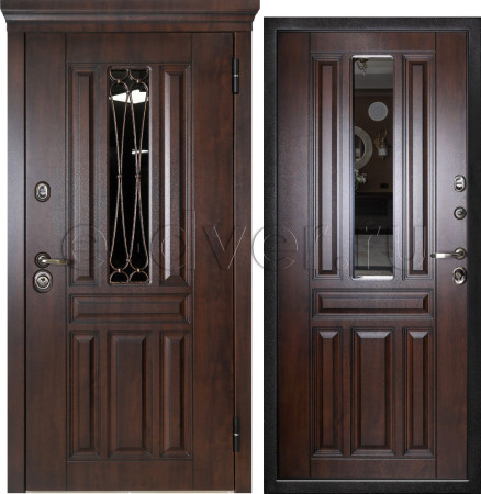 Дверь стальная с ковкой и стеклом/цвет шоколадный орех/терморазрыв/зеркало