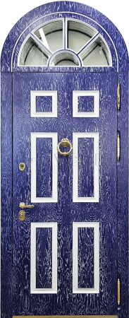 Арочная дверь ярко синего цвета с внешней фрамугой со стеклом