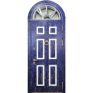 Арочная дверь ярко синего цвета с внешней фрамугой со стеклом