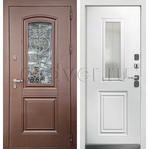 Дверь со стеклом и ковкой внешняя отделка порошковое напыление