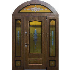 Металлическая арочная дверь с витражом в коттедж