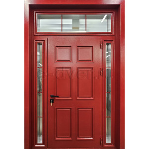 Парадная дверь красного цвета со стеклом