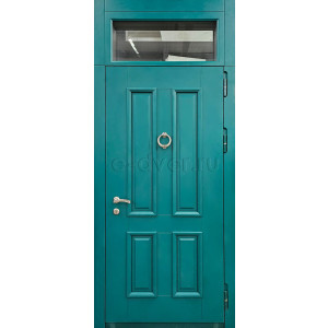 Морозостойкая уличная дверь МДФ зеленого цвета с фрамугой