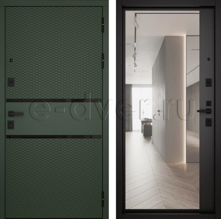 Дверь с зеркалом в квартиру/отделка МДФ/цвет зеленый и темный шоколад