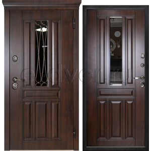 Дверь стальная с ковкой и стеклом/цвет шоколадный орех/терморазрыв/зеркало