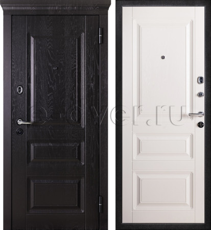 Дверь входная из МДФ/фигурный наличник/цвет черный муар и беленый дуб